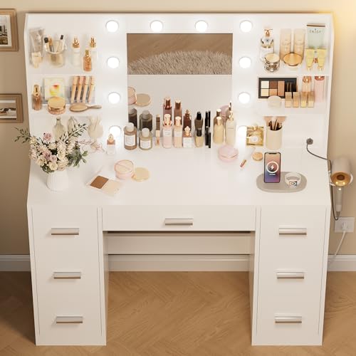 Acurax Makeup Vanity Desk with Mirror and 10 Lights, Table with 7 Drawers and 4 Open Shelves, 3 Color Modes and Adjustable Brightness, Charging Station for Bedroom, White