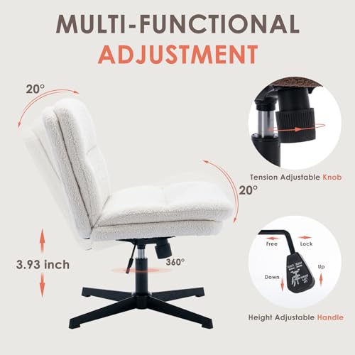 COLAMY Criss Cross Chair-Cross Legged Office Chair No Wheels, Armless Wide Office Desk Chair, Sherpa Swivel Vanity Chair with Bouble-Layer Cushion for Makeup, Small Space, Home-Cream