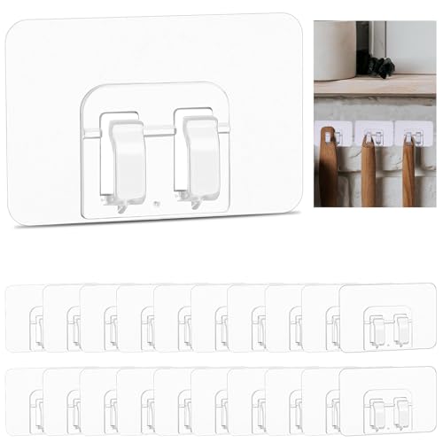 Qianyu 20 Pack Adhesive Hooks for Hanging Heavy Duty Removable Waterproof Transparent Reusable Seamless Self Adhesive Utility Wall Hooks Perfect for Bathroom Kitchen and Home Improvement