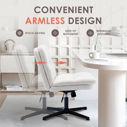 COLAMY Criss Cross Chair-Cross Legged Office Chair No Wheels, Armless Wide Office Desk Chair, Sherpa Swivel Vanity Chair with Bouble-Layer Cushion for Makeup, Small Space, Home-Cream