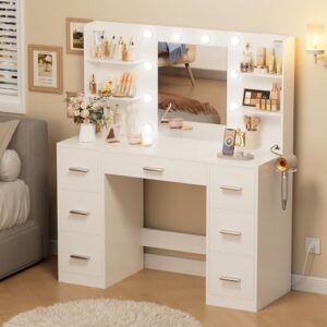 Acurax Makeup Vanity Desk with Mirror and 10 Lights, Table with 7 Drawers and 4 Open Shelves, 3 Color Modes and Adjustable Brightness, Charging Station for Bedroom, White