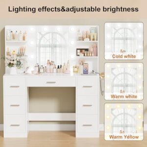 Acurax Makeup Vanity Desk with Mirror and 10 Lights, Table with 7 Drawers and 4 Open Shelves, 3 Color Modes and Adjustable Brightness, Charging Station for Bedroom, White