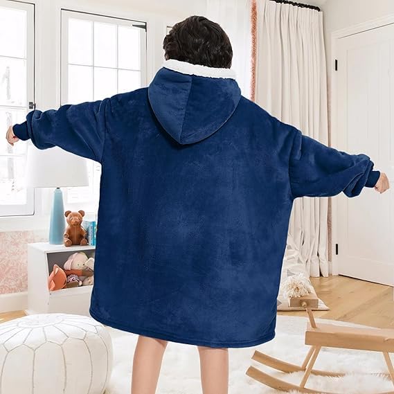 Gentlewarm Wearable Blanket for Kids, Oversized Sweatshirt Hoodie Soft Warm Sherpa Fleece Hooded Blanket Giant Pocket One Size Navy