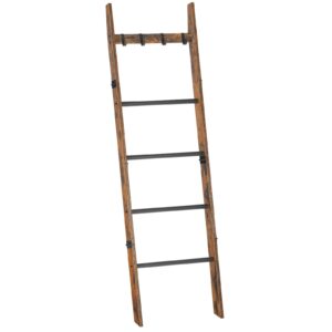 hoobro blanket ladder for living room, 5.2ft(63''), 5-tier wall leaning towel rack with hooks, decorative farmhouse blanket rack shelf, bedroom, rustic brown and black bf160cj01g1