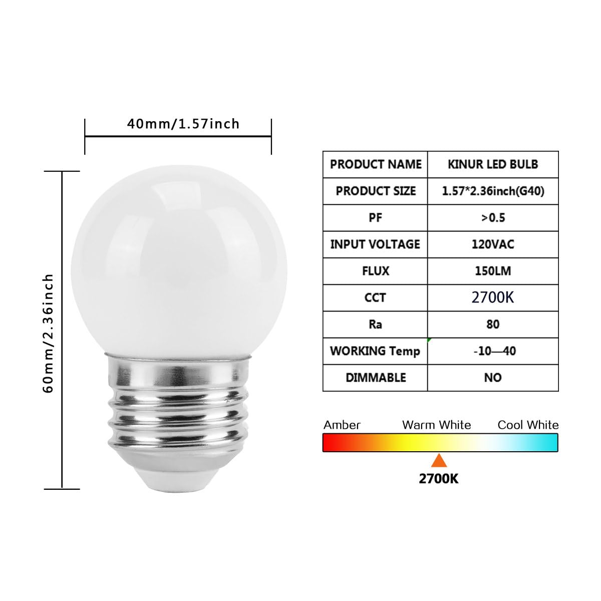 KINUR G40 Small Low wattage LED Edison Bulb 2700K 2 watt-15 watt Equivalent, E26 Base Low watt Soft Warm Light Bulbs for Healthy Sleep and Baby Nursery Light 4 Pack