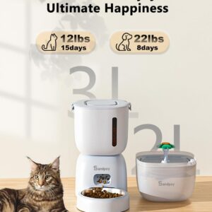 Sandpoy Automatic Cat Feeder and Water Dispenser FW1, 3L Cat Food Dispenser with Locking Lid, Two-in-One Set Timed Cat Feeder for Cats and Puppies, Pet Feeder with Portion Control, 4 Daily Meals