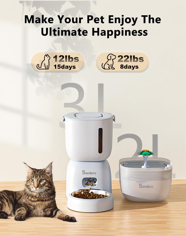 Sandpoy Automatic Cat Feeder and Water Dispenser FW1, 3L Cat Food Dispenser with Locking Lid, Two-in-One Set Timed Cat Feeder for Cats and Puppies, Pet Feeder with Portion Control, 4 Daily Meals