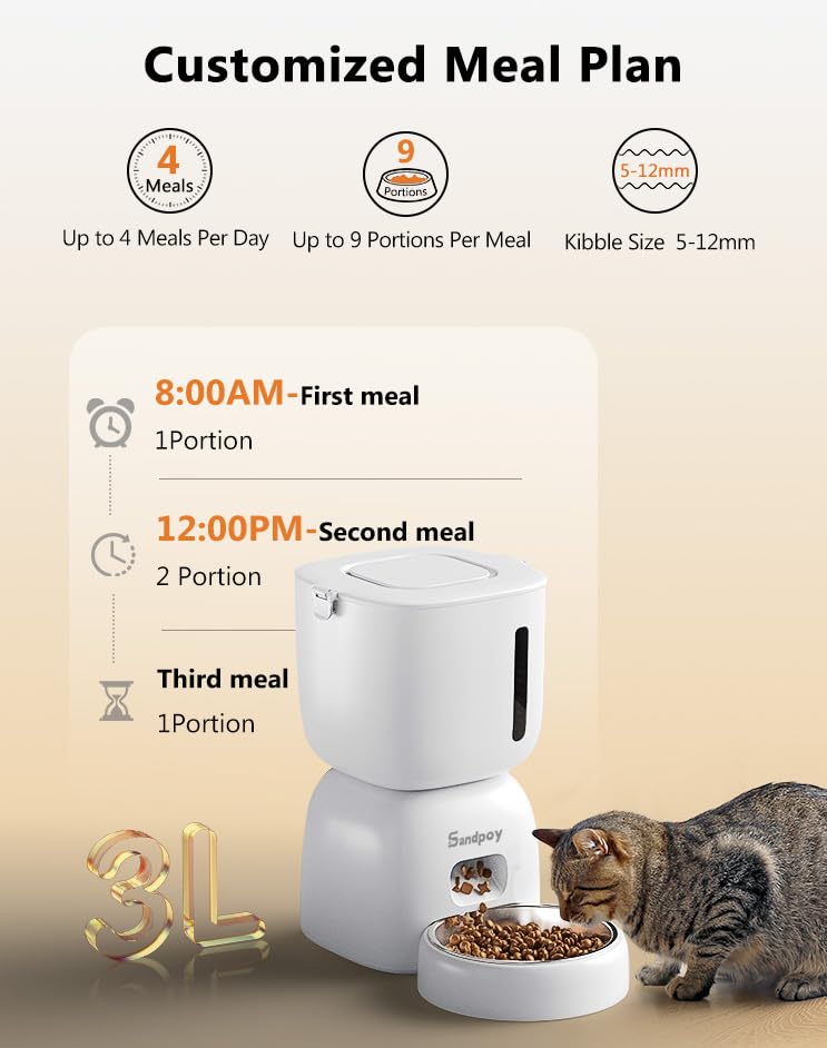 Sandpoy Automatic Cat Feeder and Water Dispenser FW1, 3L Cat Food Dispenser with Locking Lid, Two-in-One Set Timed Cat Feeder for Cats and Puppies, Pet Feeder with Portion Control, 4 Daily Meals