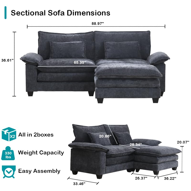 88.97" Living Room Sectional Cloud Couch, Modular Sectional Modern Sofa, 2-Seat Sectionals in Chenille, Loveseat with Ottoman, L Shaped Convertible Sofa Bed with Chaise (Beige Black, 88.97")