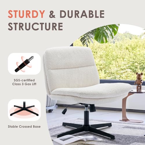 COLAMY Criss Cross Chair-Cross Legged Office Chair No Wheels, Armless Wide Office Desk Chair, Sherpa Swivel Vanity Chair with Bouble-Layer Cushion for Makeup, Small Space, Home-Cream