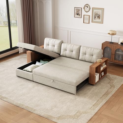 Acosure 84" Sectional Couch with Pullout Bed,L Shape Sofa Bed W/Storage Chaise and Wooden Rack,3 Movable Back Cushions,for Living Room,Office,Beige