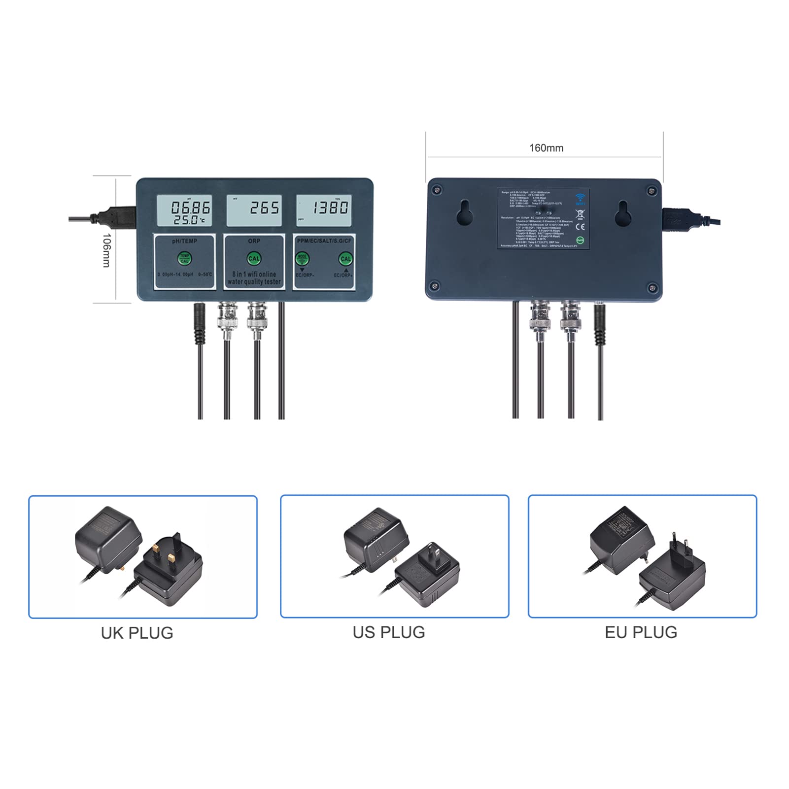 New Professional 8 in 1 Multi-parameter Water Testing Meter Digital LCD Multi-function Water Quality Monitor PH/EC/TDS/SALT/S.G/CF/ORP/Temperature Multiparameter Water Quality Tester