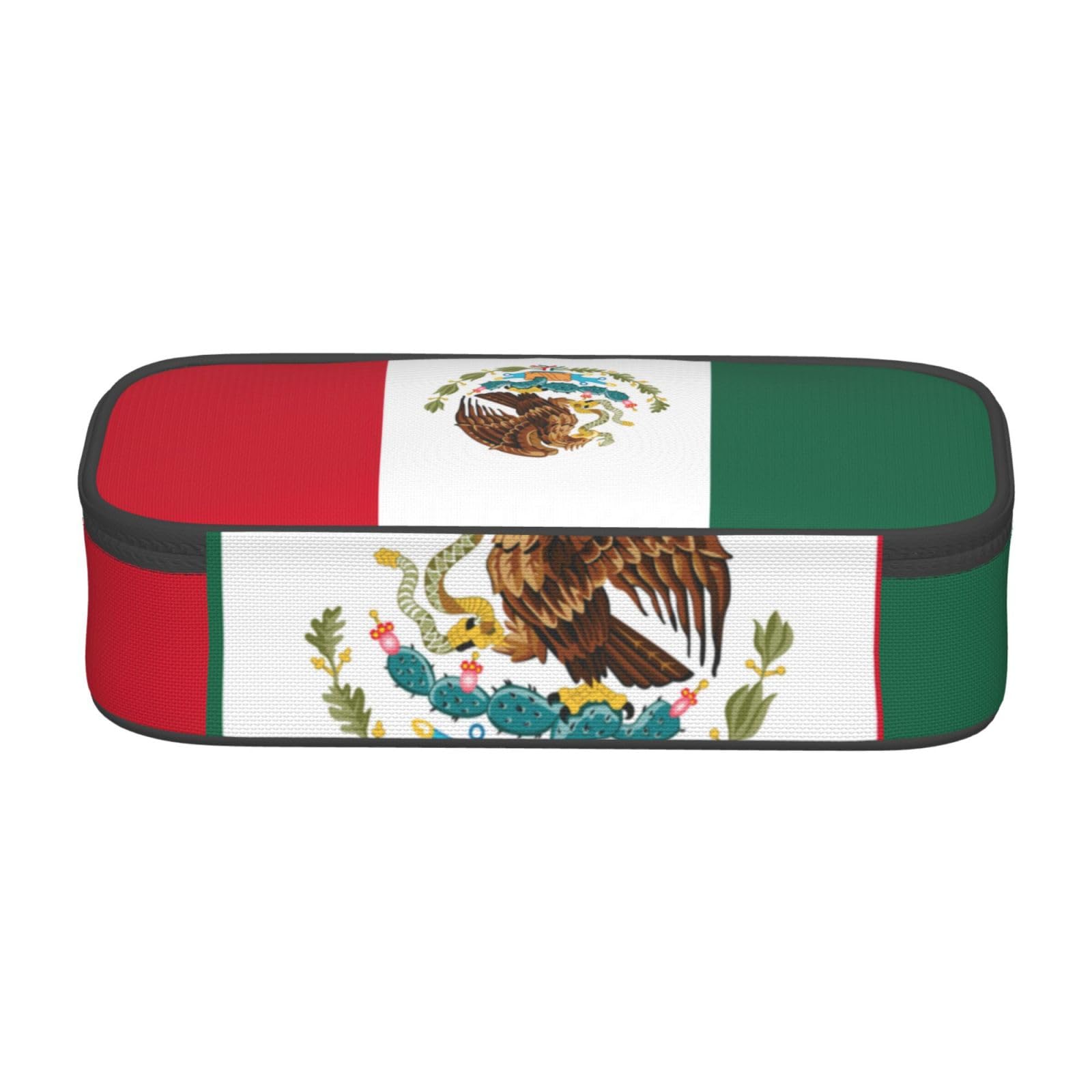 QASNLU Flag of Mexico print Compartment pencil case,Big Capacity Zipper Cases Office Stationery Makeup Bag,, Black