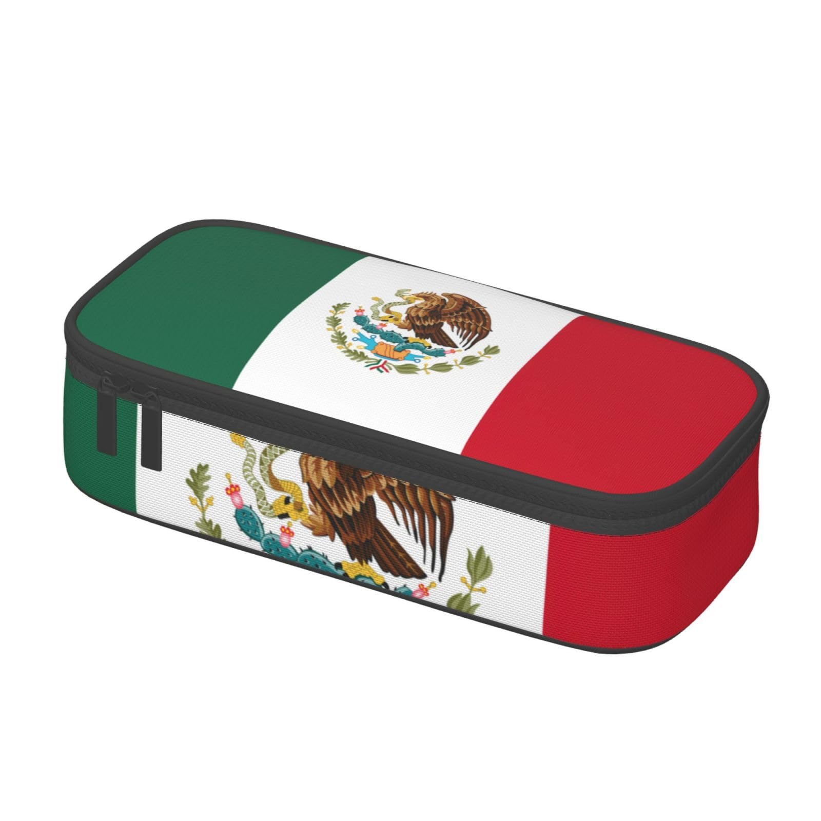 QASNLU Flag of Mexico print Compartment pencil case,Big Capacity Zipper Cases Office Stationery Makeup Bag,, Black