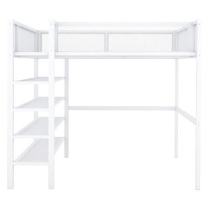 Bellemave Full Size Loft Bed with 4-Tier Shelves and Storage, Metal Loft Bed with Bookshelf, Full Size Loft Bed with Storage Stairs(White)