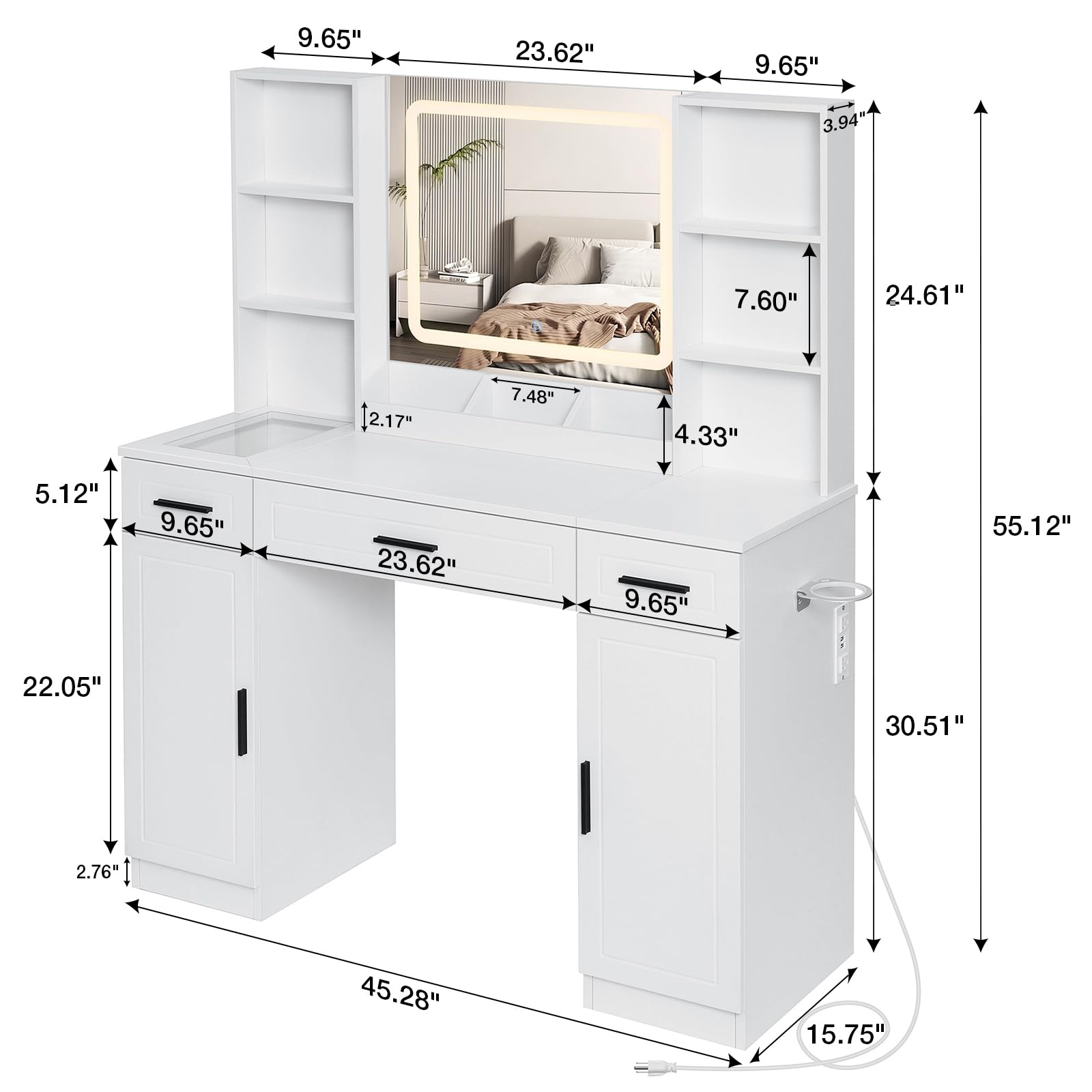 Vanity Desk with Mirror and Lights 45.3“W Makeup Desk with Drawers and Cabinet Vanity Table with Led Light Big Makeup Table with Charging Station Dressing Table with Glass Top for Bedroom White