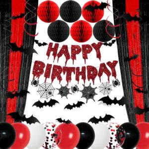 halloween birthday party decorations, halloween birthday decorations includes glitter happy birthday banner red foil curtains backdrop and 3d bat sticker for spooky vampire birthday decorations