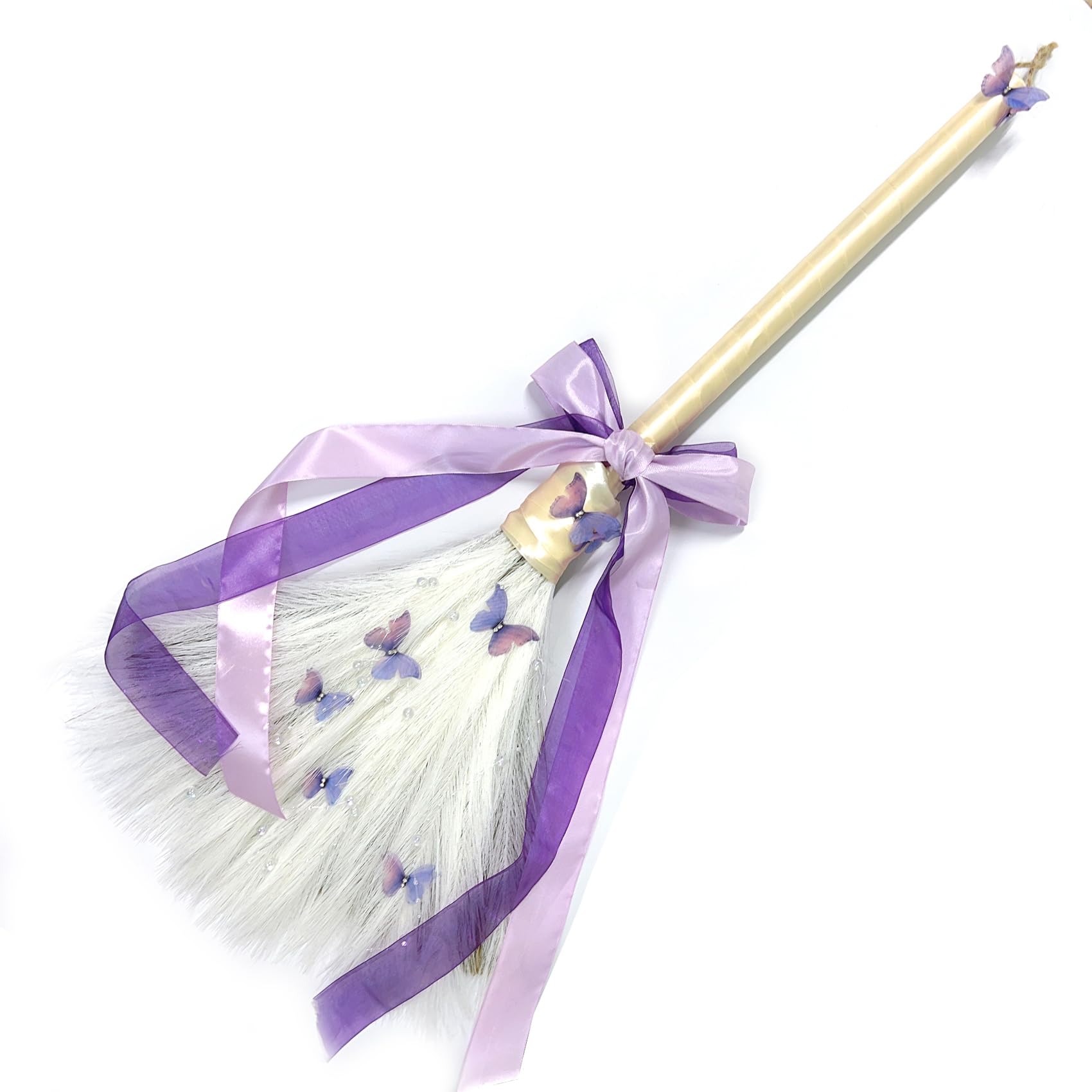 Wedding Broom Jumping Broom for Wedding Ceremony 28 inch Tall Whisk Brooms with Straw White Pampas Grass, Purple Butterfly/Ribbons （Finish Product）