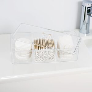 ZEXALOR Clear Bathroom Dresser Organizer - Cotton Ball Swab Holder with 3 Divided Compartments&Lid, , Waterproof Transparent Small Plastic Storage Containers, Vanity Makeup Organization (Clear)