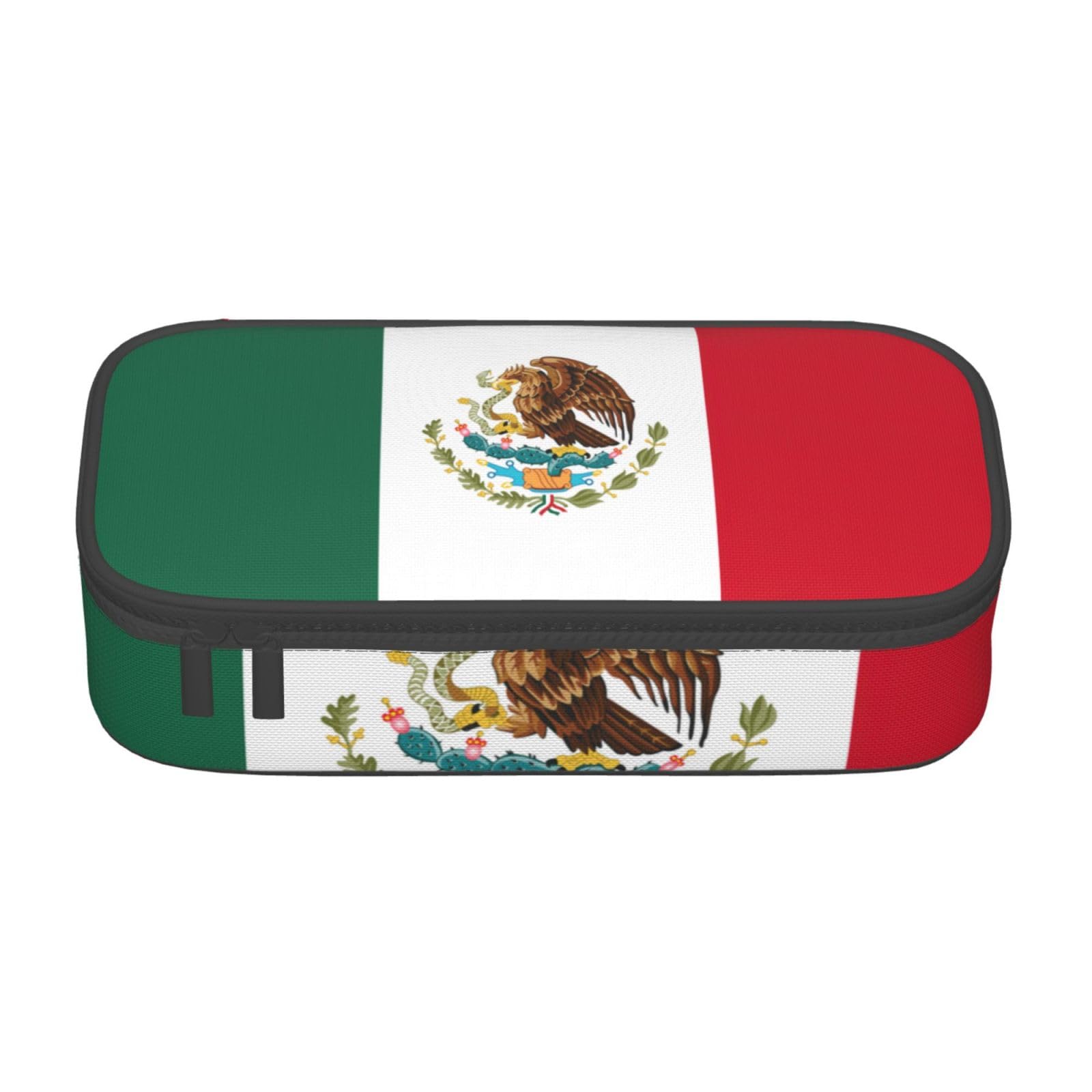 QASNLU Flag of Mexico print Compartment pencil case,Big Capacity Zipper Cases Office Stationery Makeup Bag,, Black