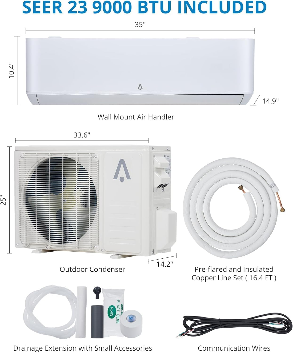 9000 BTU Mini Split Air Conditioner, 23 SEER2 Mini Split AC/Heating System, Inverter Ductless Air Conditioner w/Alexa,Pre-Charged & 16.4ft Installation Kits, 115V AC Unit Cools Room up to 450 Sq. Ft