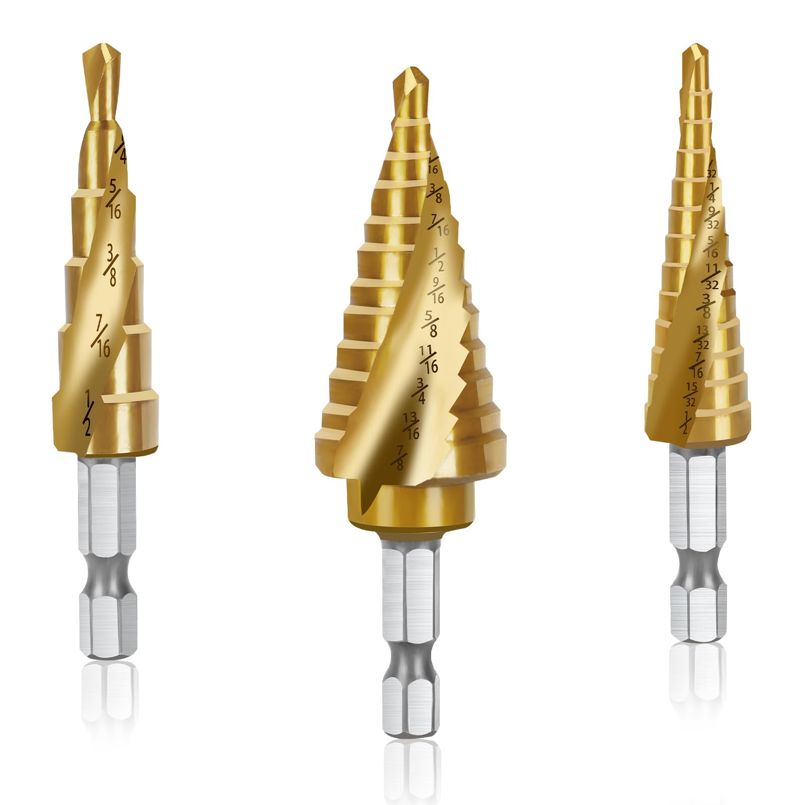 Step Drill Bit Set - 3 Piece High Speed Steel Spiral Grooved Step Drill Bit for Metal Sheet Aluminum Wood Hole Drilling, 1/4" Hex Shank Unibit Step Bit for Faster Drilling 31 Size Cone Step Drill Bits