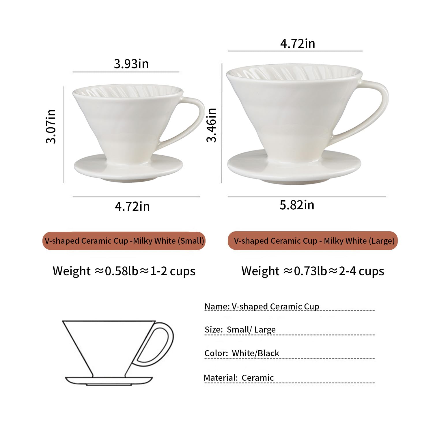 Pour Over Coffee Maker, Pour Over Coffee Dripper, Manual Porcelain Slow Brewing Accessories for Travel, Camping, Office, Home, Cafe, Coffee Gifts(White, Large, 2-4Cups)