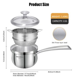 2.3 Quart Stainless Steel Saucepan with Steamer Basket，Tri-ply Construction，Multi-functional Sauce Pan Set with Lid，Small Sauce Pots Cooking for Pasta，Gravies，Noodles，Vegetable