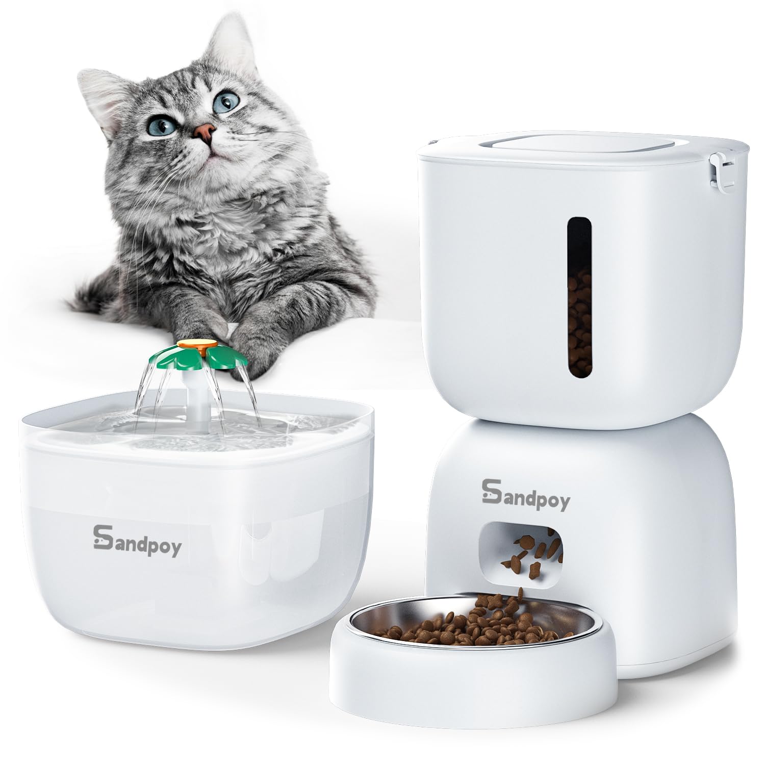 Sandpoy Automatic Cat Feeder and Water Dispenser FW1, 3L Cat Food Dispenser with Locking Lid, Two-in-One Set Timed Cat Feeder for Cats and Puppies, Pet Feeder with Portion Control, 4 Daily Meals