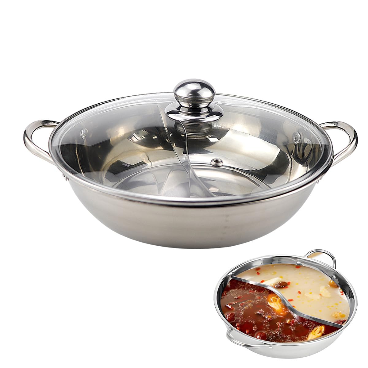 Stainless Steel Shabu Hot Pot 11.8Inch Divided Hot Pot Pan,Dual Sided Soup Cookware Cooking Pot with Divider Induction Cooktop Gas Stove