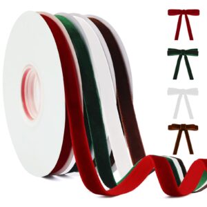 yangte 4 colors velvet ribbon set, 3/8" x 40yard premium velvet ribbon for gift wrapping, christmas velvet ribbon christmas tree velvet ornaments handmade crafts bow making（red,green,white,brown）