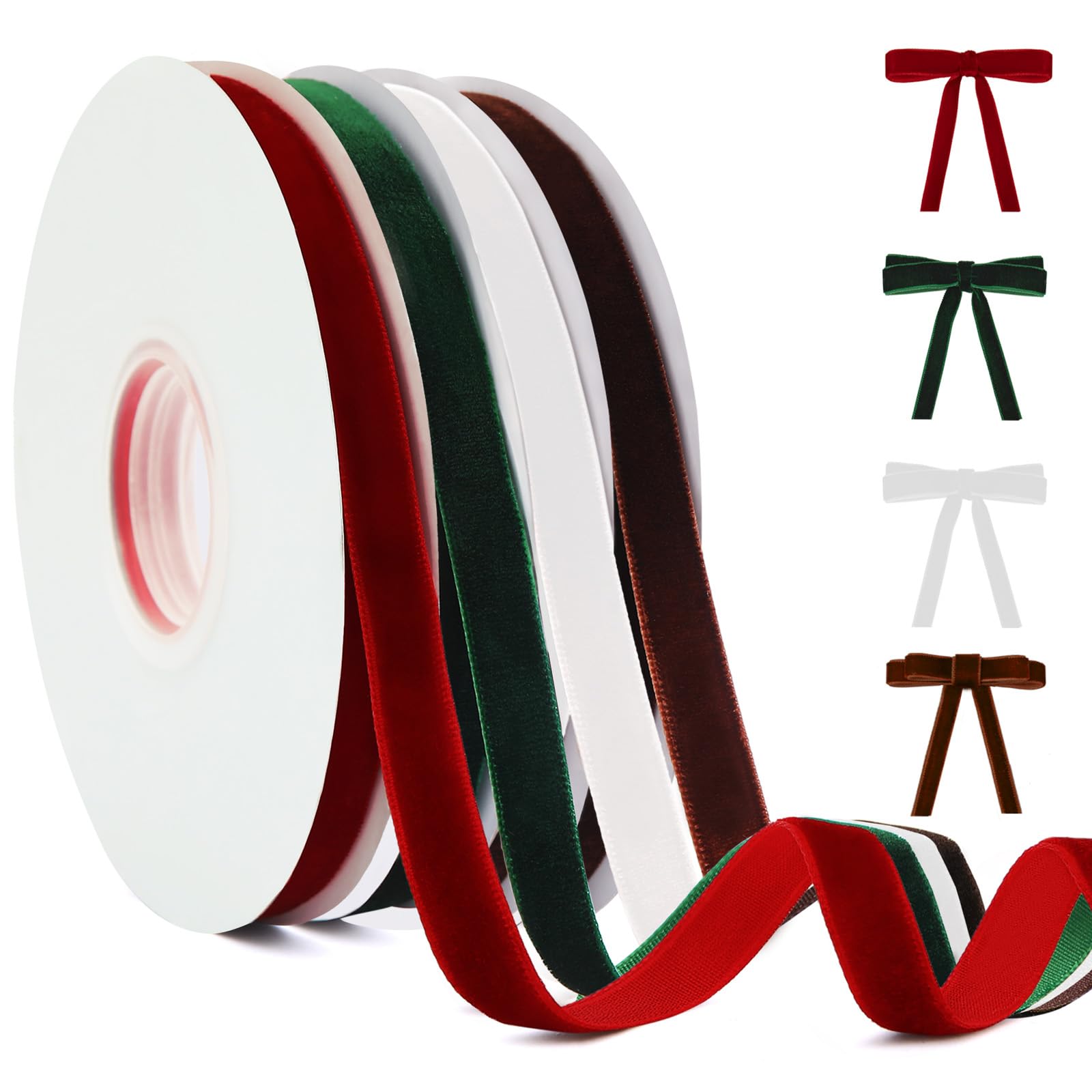 YANGTE 4 Colors Velvet Ribbon Set, 3/8" x 40Yard Premium Velvet Ribbon for Gift Wrapping, Christmas Velvet Ribbon Christmas Tree Velvet Ornaments Handmade Crafts Bow Making（Red,Green,White,Brown）