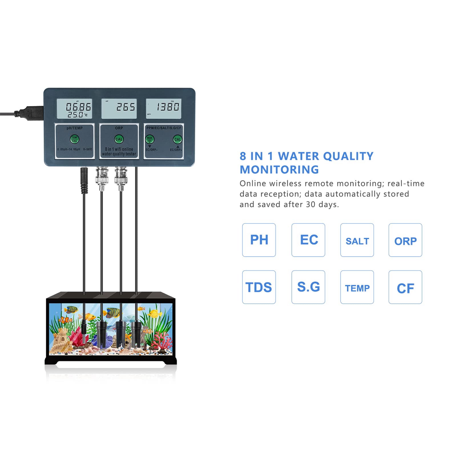 New Professional 8 in 1 Multi-parameter Water Testing Meter Digital LCD Multi-function Water Quality Monitor PH/EC/TDS/SALT/S.G/CF/ORP/Temperature Multiparameter Water Quality Tester