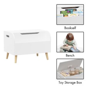 Wooden Toy Box, Kids Toy Storage Organizer with Front Bookshelf, Flip-Top Lid, Safety Hinge, Boys Girls Toy Chest Bench for Playroom Kids Room Organization (White)