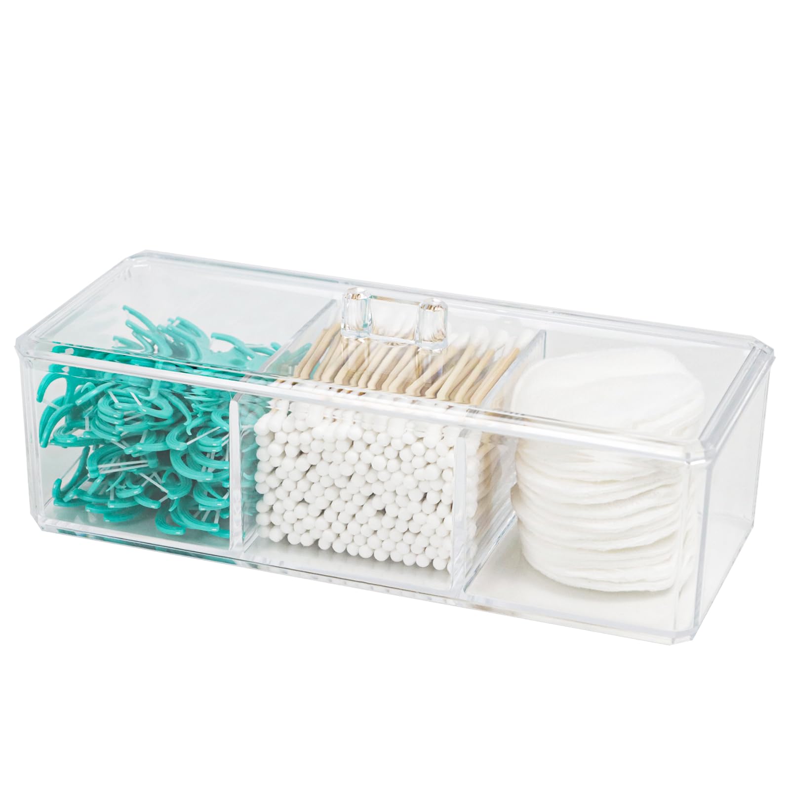 ZEXALOR Clear Bathroom Dresser Organizer - Cotton Ball Swab Holder with 3 Divided Compartments&Lid, , Waterproof Transparent Small Plastic Storage Containers, Vanity Makeup Organization (Clear)