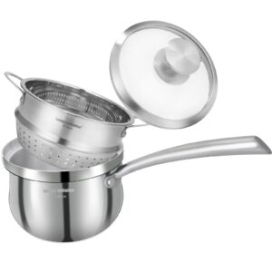 2.3 quart stainless steel saucepan with steamer basket，tri-ply construction，multi-functional sauce pan set with lid，small sauce pots cooking for pasta，gravies，noodles，vegetable