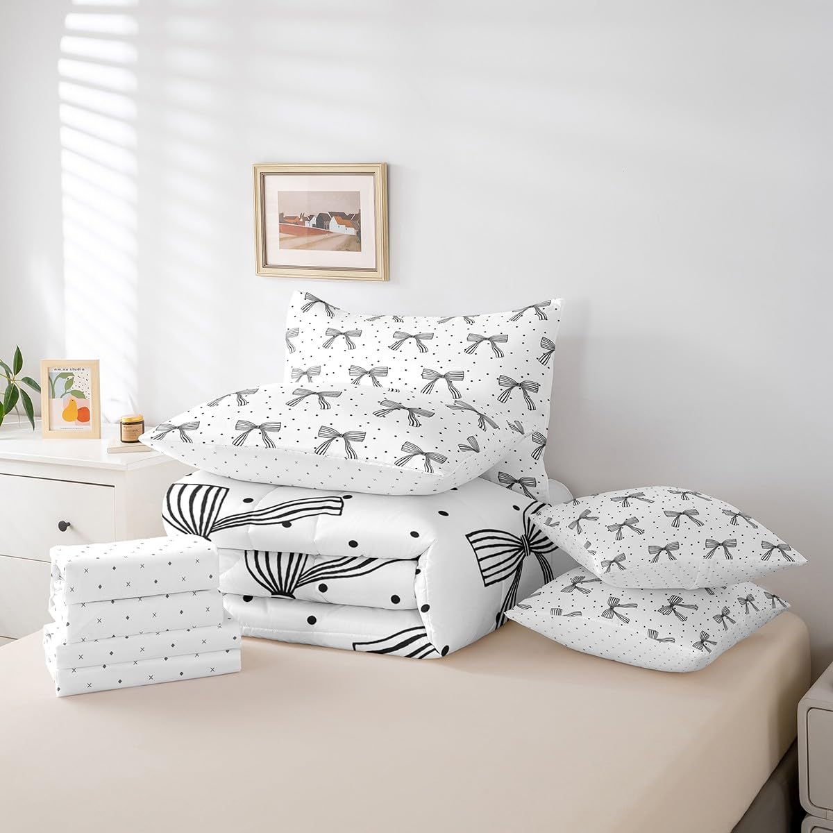 7 Pieces Cute Bowknot Girlish Comforter Full Size,Cartoon Bow-tie Princess Bedding Set,Geometric Dots Zebra Stripes Black White Simple（Comforter+Fitted+Flat Sheet+2 Pillowcases+2 Throw Pillow Covers）