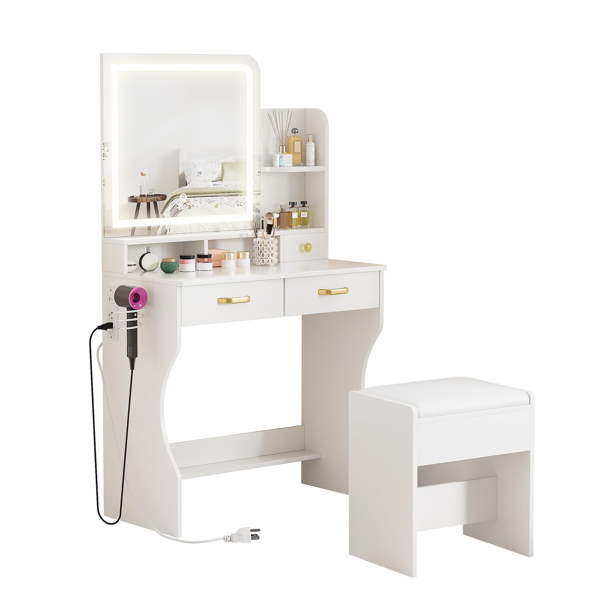 Alohappy Vanity Desk with LED Lighted Mirror and Charging Station, Makeup Vanity Table Set with 3 Drawers & Storage Shelves & Stool, 3 Lighting Modes Adjustable Brightness, for Bedroom Dressing Room