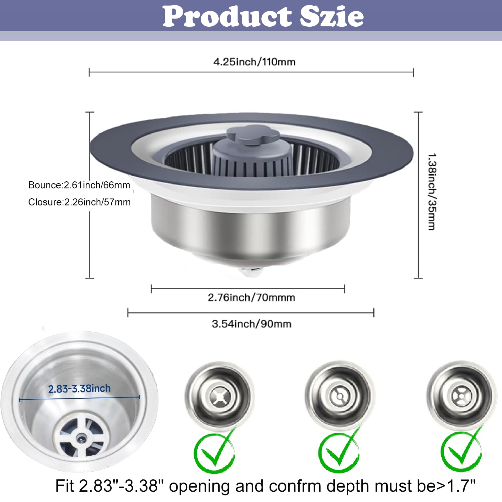 2 Pack Upgraded 3 in 1 Kitchen Sink Drain Strainer, Pop Up Sink Strainer Kitchen Drain Stopper Combo，Anti-Clogging Stainless Steel Sink Strainer Basket Plug & Cover for US Standard 3-1/2 Inch Drain