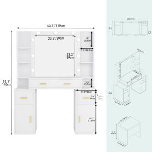 YITAHOME Vanity Desk with Mirror and Lights, Makeup Vanity Set with Shelf and Drawers, Large Dressing Table with Charging Station, Storage Stool, 3 Lighting Modes Brightness Adjustable, Bedroom, Ivory