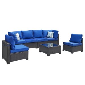 peacabo 7 pieces outdoor rattan wicker patio conversation set with coffee table, armless sofa, and corner sofa, cushions included, outdoor sectional patio furniture set, coffee/blue