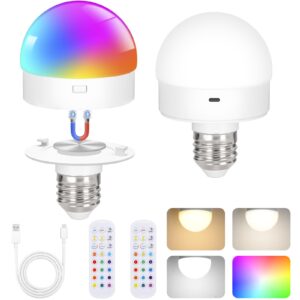 odnora rechargeable battery operated light bulbs with remote control 2 packs, e26 detachable dimmable led bulb with 15 colors & 3 timer, wireless puck light bulbs for lamps wall sconce, non-hardwired