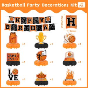 76pcs Basketball Birthday Party Decorations with Basketball Banner Honeycomb Centerpiece Basketball Balloons Cake Topper Tablecloths for Boys Basketball Theme Party Decorations