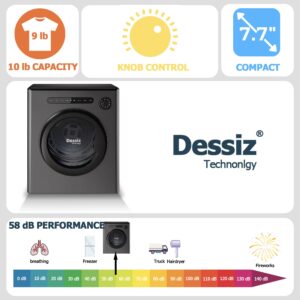 Dessiz 110V 970W Portable Dryer 1.6 cu.ft for Laundry with Exhaust Pipe and Electric Compact Dryers with Stainless Steel Tub, Suitable for Apartments, Dorm, RVs- Grey Auto Stop