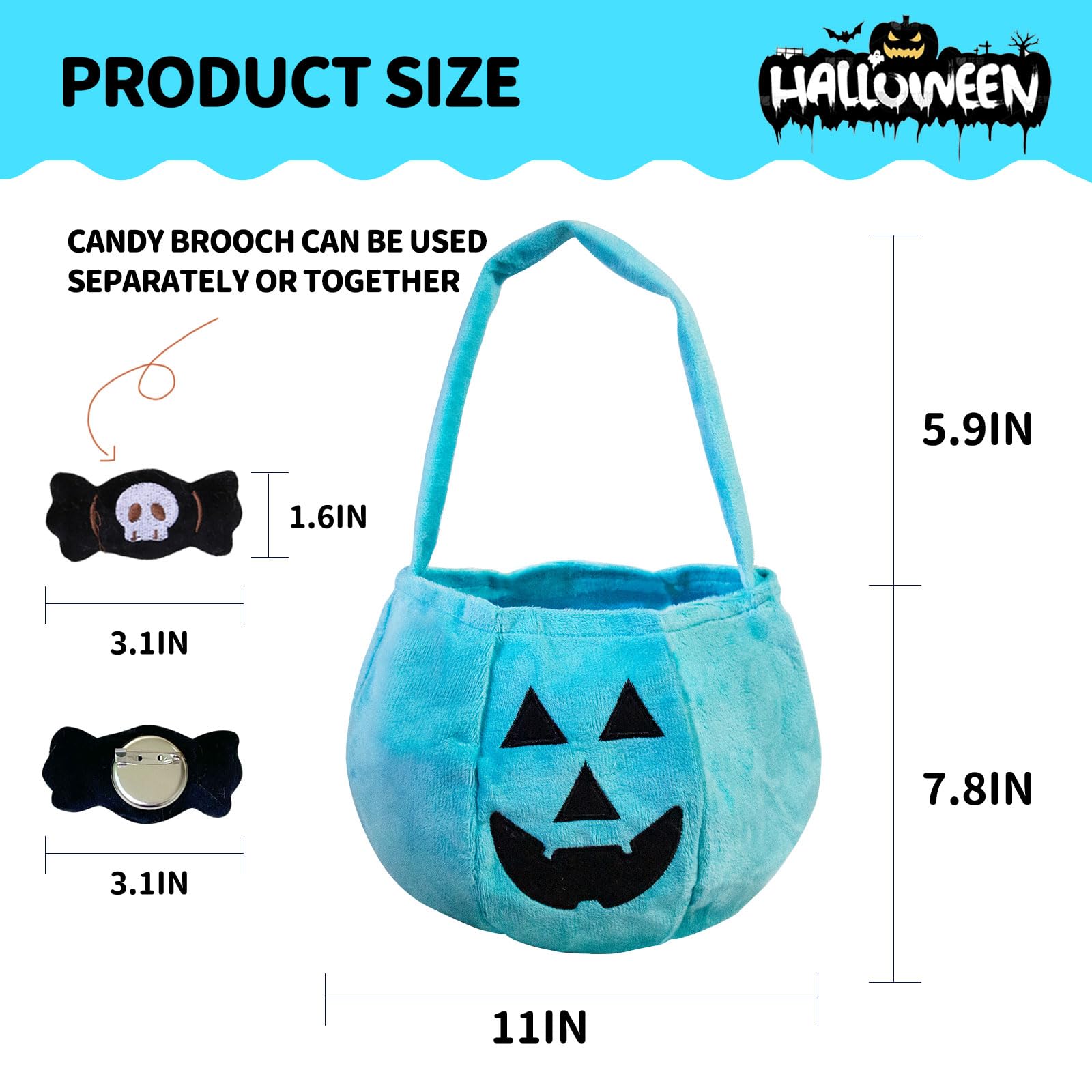 YIQTAO Halloween Teal Pumpkin Reusable Fabric Trick or Treat Buckets - jack O Lantern Bucket- Large Halloween Basket - Halloween Plush Candy Bags –Halloween tote bags