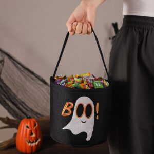 Halloween Bucket Halloween Basket for Kids, Trick or Treat Bags with Embroidery Foldable Halloween Candy Bucket Pumpkin Bucket Candies Basket with Handle for Halloween Party Decorations, (Black)