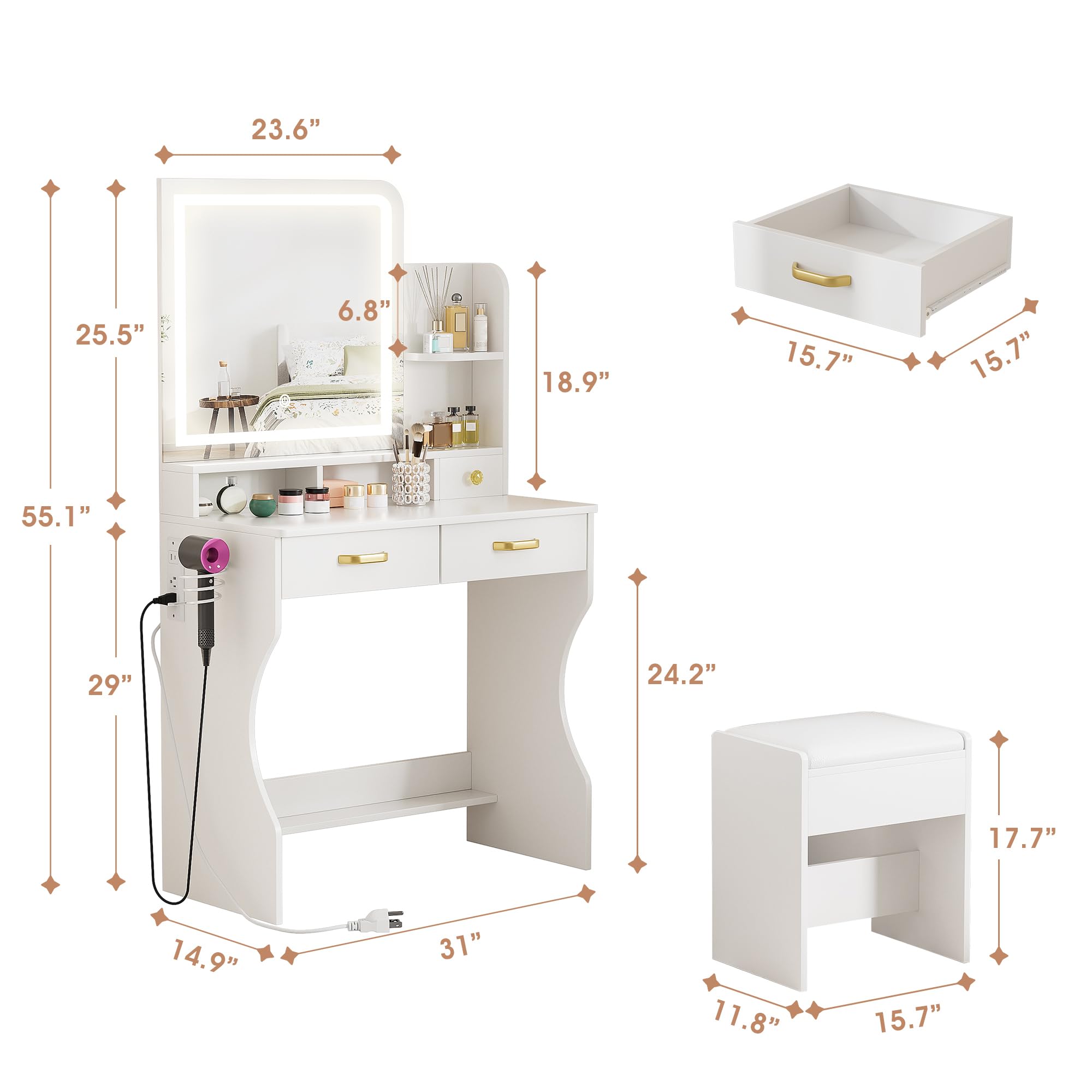 Alohappy Vanity Desk with LED Lighted Mirror and Charging Station, Makeup Vanity Table Set with 3 Drawers & Storage Shelves & Stool, 3 Lighting Modes Adjustable Brightness, for Bedroom Dressing Room