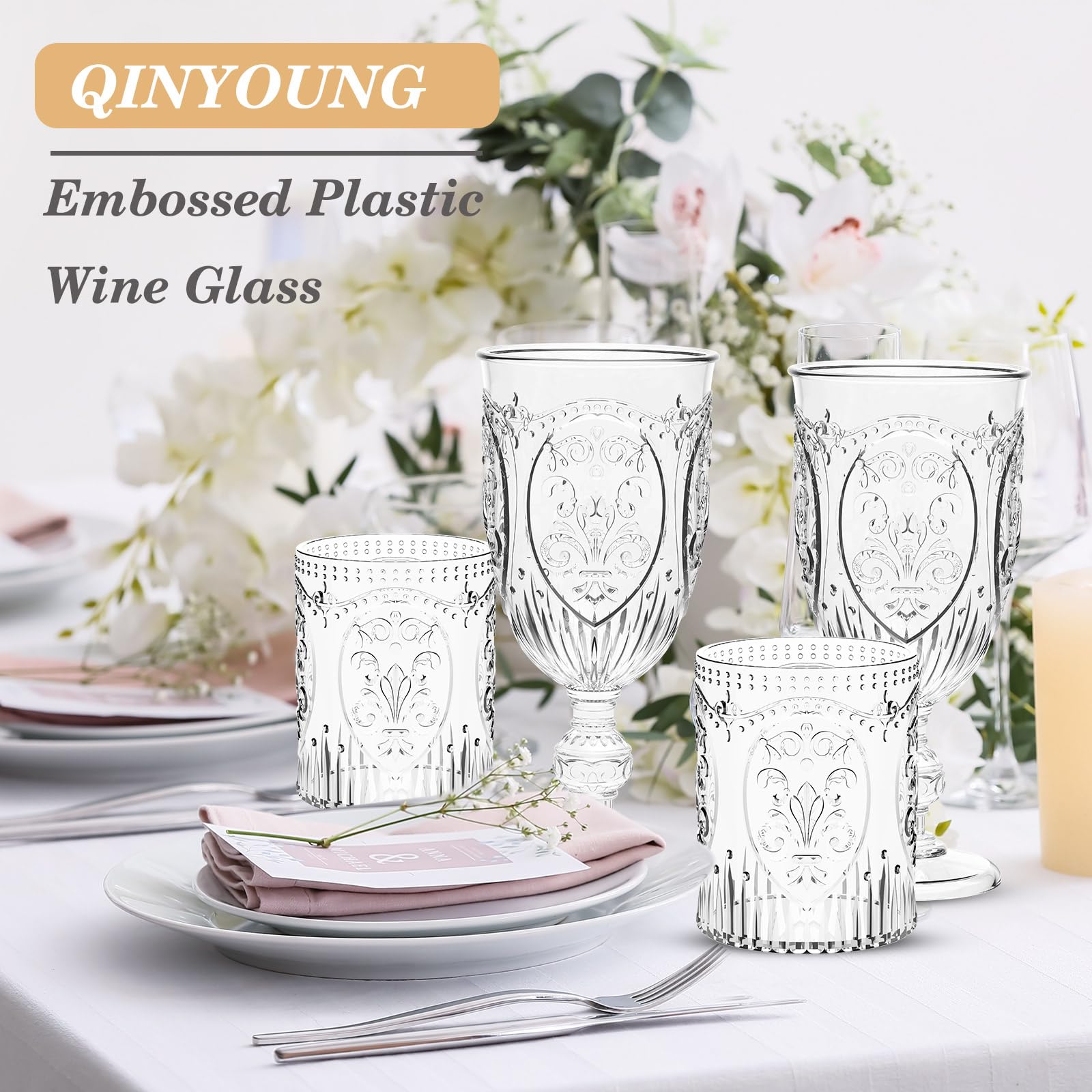 Qinyoung Plastic Vintage Drinking Glasses 8.5oz Stemless Wine Glasses Retro Embossed Wine Glasses Shatterproof Reusable Wine Cups for Baby Shower Wedding Reception Grand Event Party(Clear,12)