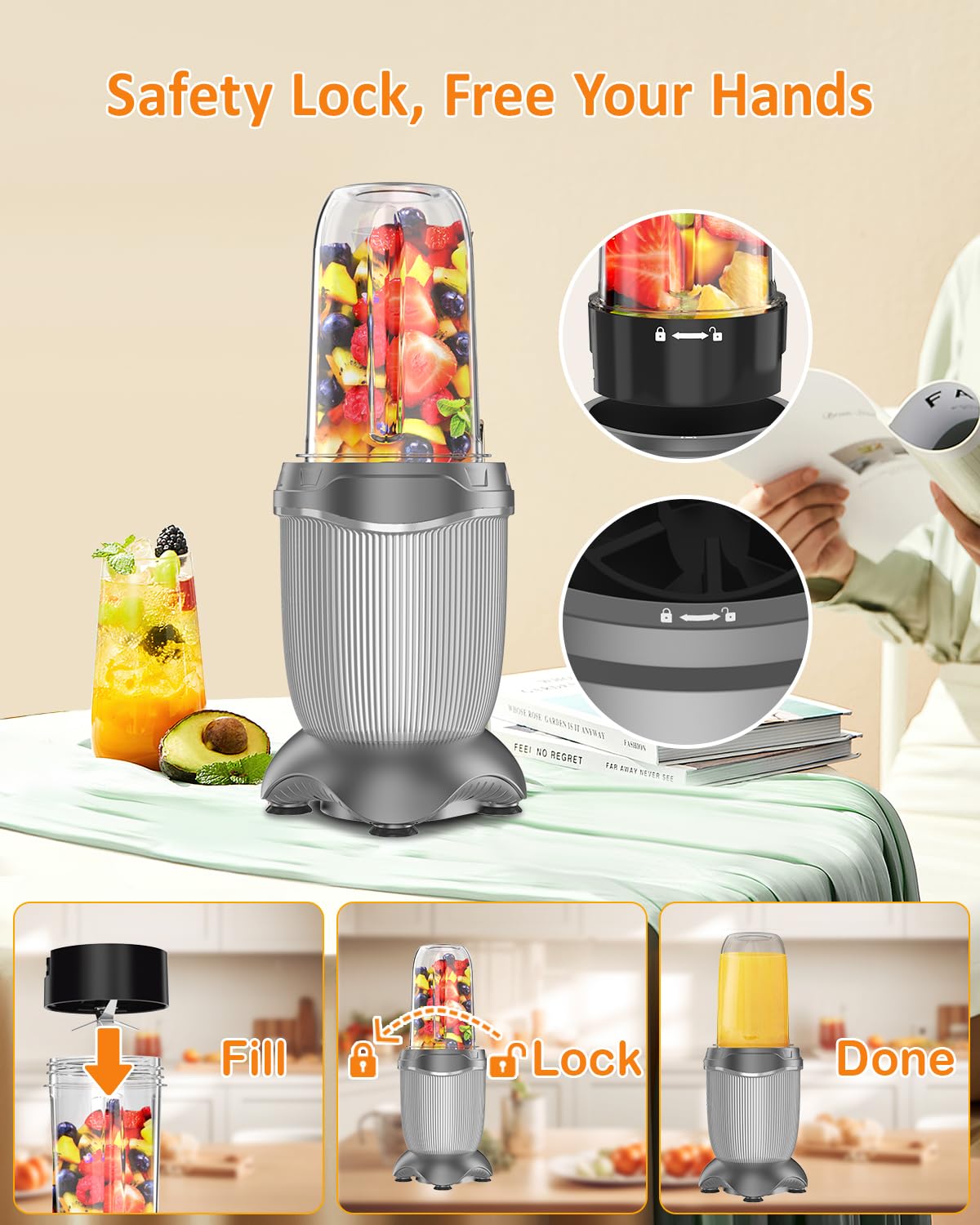 Smoothie Blender, 1000 W Upgraded Compact Personal Blender for Shakes and Smoothies, Juice, Frozen Drinks, Sauces & More, Smoothies Maker with 2 * 26 Oz To-Go Cups, 2*Spout-Lids