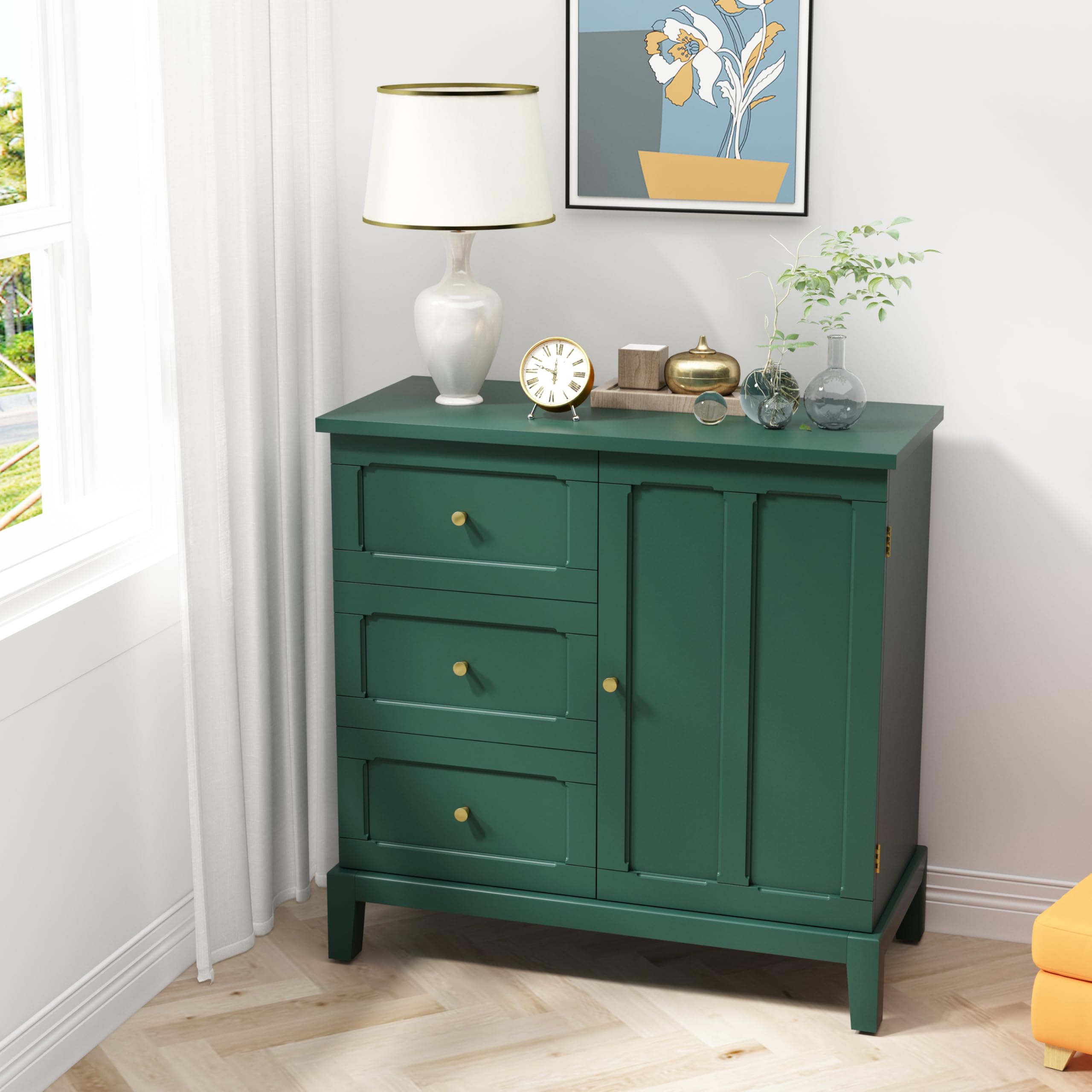 HLR Accent Cabinet with 3 Drawers and Door, Wooden Storage Cabinet with Shelves, Sideboard for Living Room, Entryway, Green